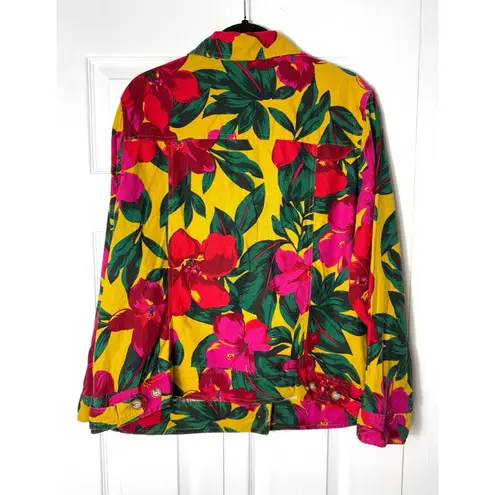 Tahari Linen Blend Tropical Floral Jacket Yellow Pink Green Button Front 1X
