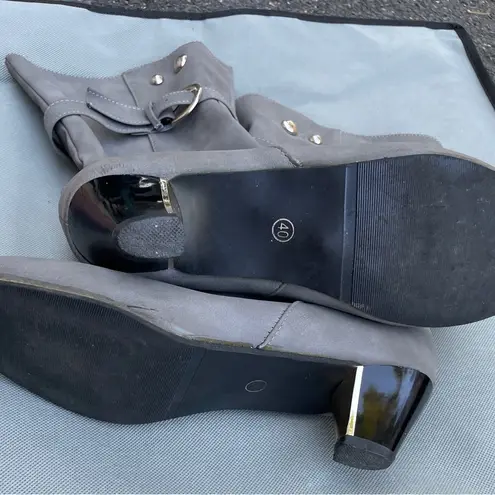 Women Gray Faux Suede Heeled Boots with Slouchy Design and Silver Buckles Size undefined