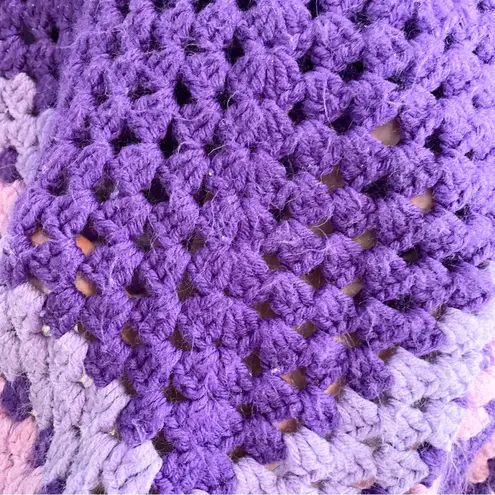 None Granny Square Crochet Purple Poncho One Size Pom Poms Grannycore