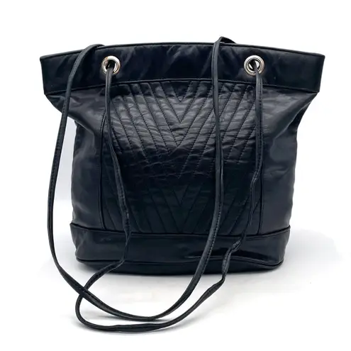 Nina Ricci Black Leather Tote Bag Drawstring Shoulder Purse Quilted Chevron