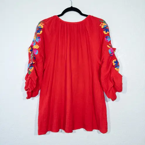 New See And Be Seen Red Embroidered Peasant Tassel Top Size Medium