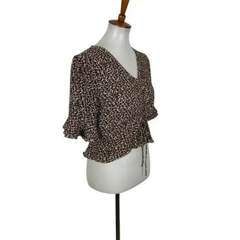 Essue  Leopard Print Ruffle Sleeve Ruched Crop‎ Blouse Top Large Trendy Y2K Chic