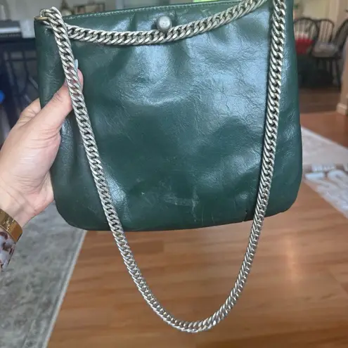 Vintage Ruth Green Leather Panther Cougar Head Purse Handbag Chain Silver