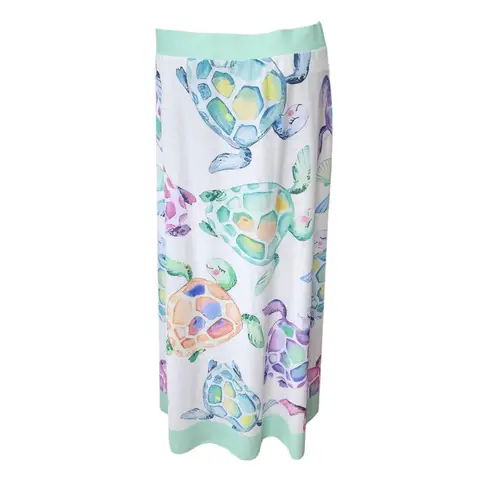 Cathy's Resortwear Women's Maxi Skirt with Colorful Sea Turtle Print (M) White Size M