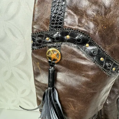 El Vaquero by Valerio Giuntoli Italy Western Studded Tassel Heel Boots Size 36 Brown