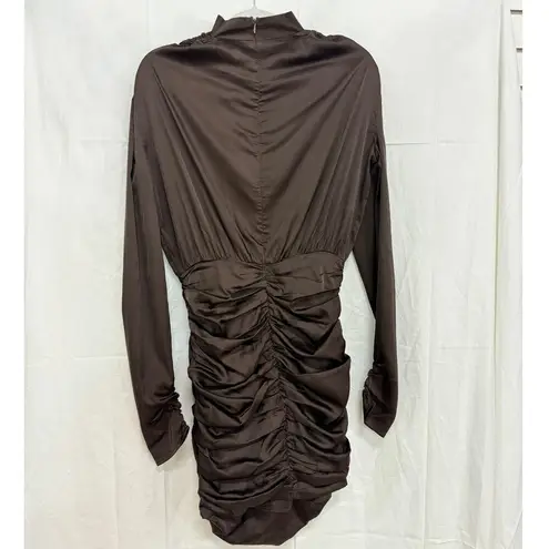 Rare London NWT Long Sleeve High Neck Ruched Satin Mini Dress Brown Women's US 6