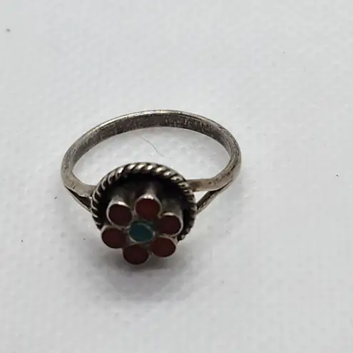 Vintage Southwestern Sterling Silver Turquoise & Coral Flower Ring (4.25) Red