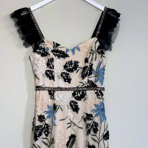 Lulus Show Stopper Cream Embroidered Sequin Bodycon Maxi Dress XS Tulle Gown Tan