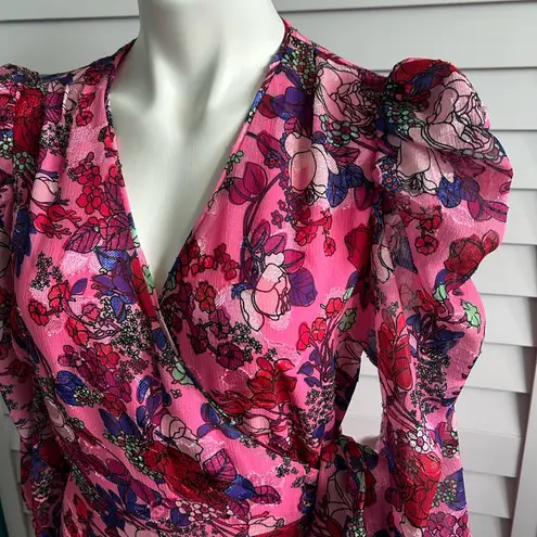 Tanya Taylor  | Sasha Pink Floral Puff-Sleeve A-Line Wrap Mini Dress