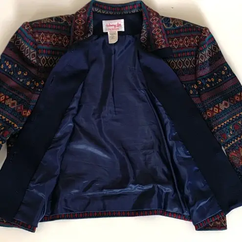 Lee Vintage Henry  Blazer Navy Multicolored Print Cardigan Jacket Size 16 Petite