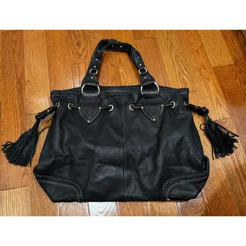 Kate Landry Black Leather Tote Bag Gold Tone Hardware Tassels