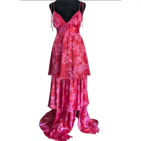 Crystal Doll Tiered Maxi Gown M Red Pink Floral Satin Fantasy Fairy Formal Dress