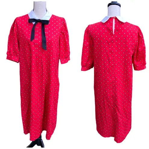 Vintage 70s Chablis Red Maternity Dress Peter Pan Collar Tie Dainty Floral 7/8