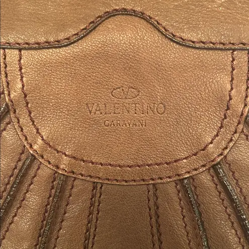 Valentino Garavani 1990s Brown Pleated Leather Shoulder Bag Tote Brass Hardware