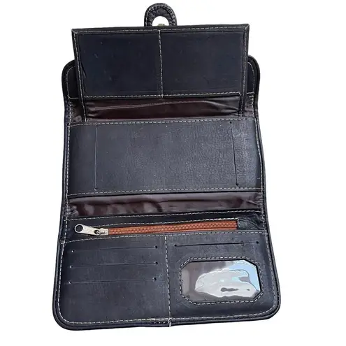 Handmade Handcrafted Wallet Boho Colorful Floral Bird Embroidered Black Leather