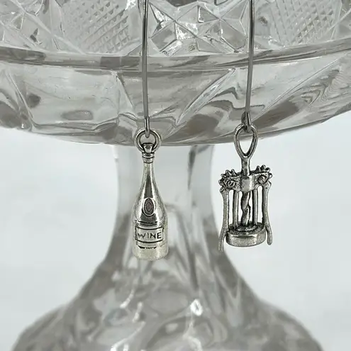 Wine & Cork Remover Novelty Dangle Earrings Silvertone Bachelorette Party Silver