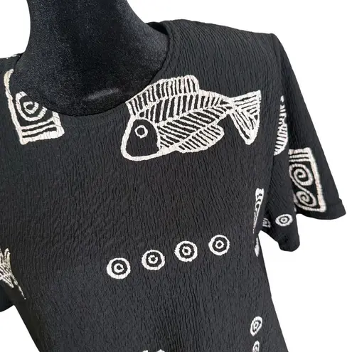 Artsy BOHO Black Top Women Size S Fish Doodle Print Crinkle Art To Wear Fashque