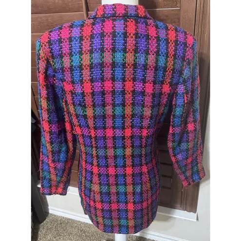 Kristine Tewell K Kristopf Wool Blazer Jacket Colorful Check Career VTG 80s 10/M Blue