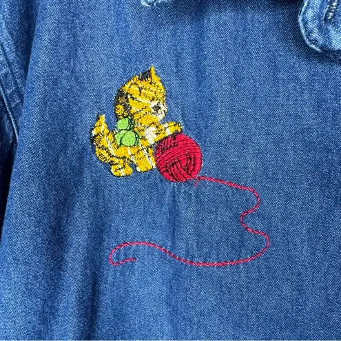 Cabin creek Embroidered Cat Denim Long Sleeve Button Down Shirt 22W