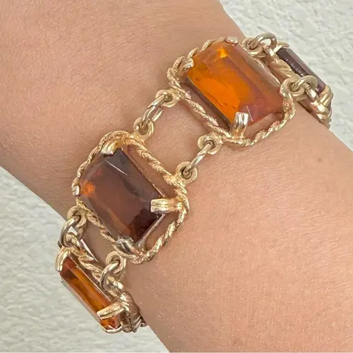 Vintage SARAH COVENTRY Wild Honey Amber Glass 7” Link Bracelet 44g. Gold