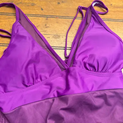 Purple Tankini Swimsuit Tummy Control Shirred Skirt V Neck L Size L