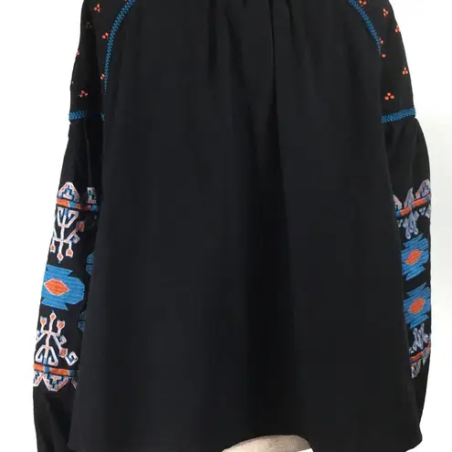 Puff sleeve embroidered boho tie front jacket top Black Size M