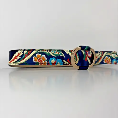 Women's Floral Satin Embroidered Belt Gold Oval Buckle Boho Vintage Style 35"