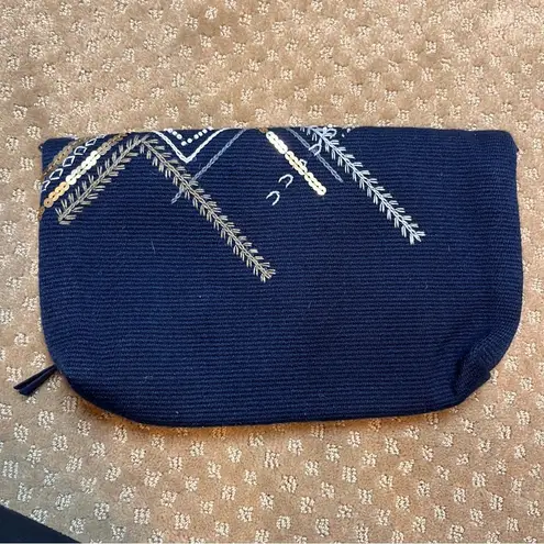 Noonday navy with sequin foldover clutch with hand embroidery Blue