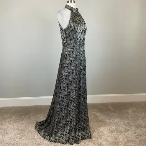 Betsy and Adam Sleeveless Halter Evening Gown Size 4 Blue and Gold Metallic Dress