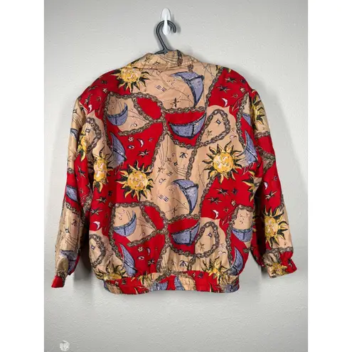 Vtg 90s Fuda International Silk Celestial Bomber Jacket Sz PM Sun Moon Chain Red