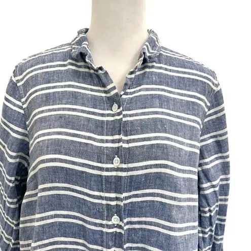 Garnet Hill 100% Linen Stripe Button Down Shirt Tunic Nautical Blue Petite Small