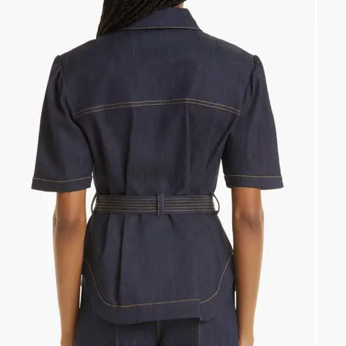 NWT Cinq a Sept 5a7 Luella Topstitch Short Sleeve Denim Jacket Indigo Blue 6