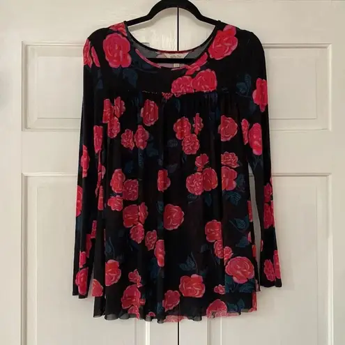 Matilda Jane Winter Blooms Long Sleeve Pink Rose Floral Tulle Overlay Black Top
