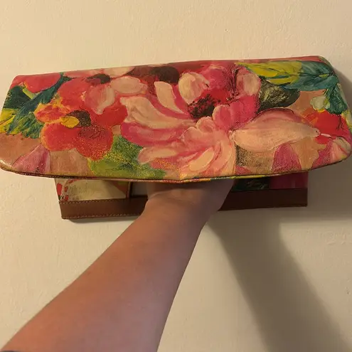 Maurizio Taiuti Brown and Pink Floral Tote Bag with Tropical Design, Leather