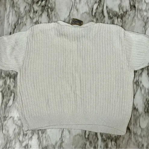 Women's White Cable Knit Sweater Vintage 90s Rayon Blend Cropped Short Sleeve Size L