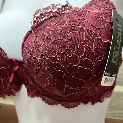 Mamia NWT Wine Colored Lace Padded Bra With Cream Stitching Detail Size 34B