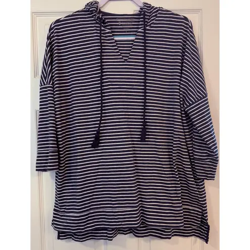 Coolibar Key Colony Beach Hoodie Women’s LG Blue Stripe UPF50+ Coverup Tassels