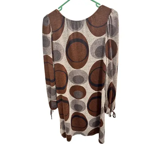 Dressbarn Brown Gray Long Sleeves Tie Front Oval Pattern Casual Dress 10 Retro