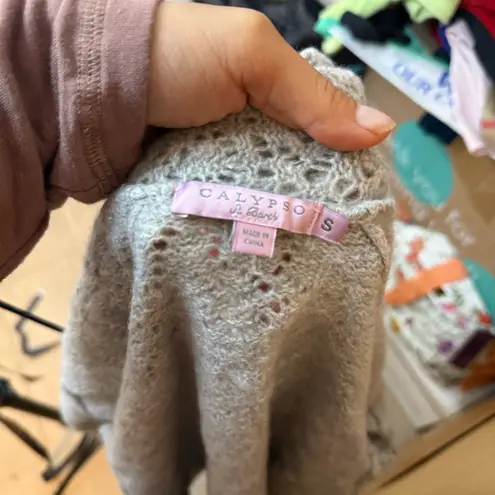 Calypso St. Barth Gray Cashmere Pointelle Cardigan Sweater