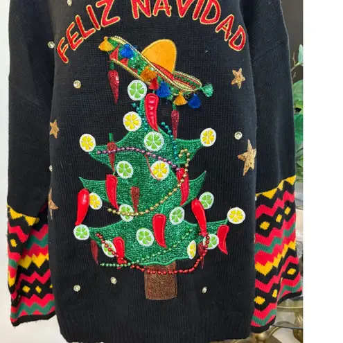 Ugly Christmas Sweater Feliz Navidad Mexican Tree Sombrero Chili Peppers 2X Green Size XXL