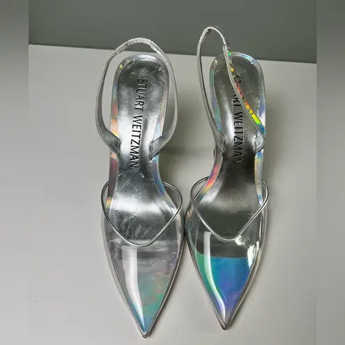 Stuart Weitzman  Womens Silver Clear Pointed Stuart Xcurve 100 Slingback Heels 10