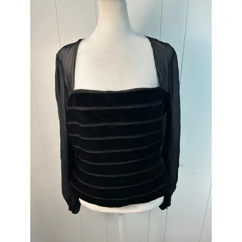 Chetta B Black Velvet & Sheer Mesh Long-Sleeve Top in Size 12