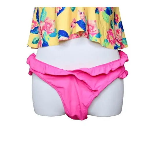 Arizona Jeans Arizona Jean Yellow Pink Cried Ruffle Tankini Floral 2pc Swimsuit LARGE Poolcore