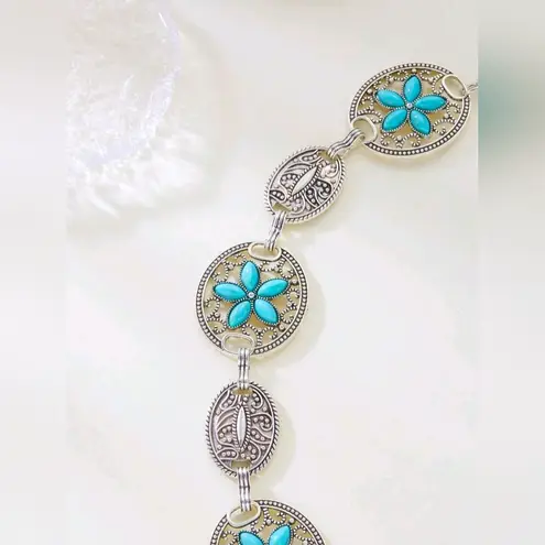 Turquoise Silver Color Vintage Carved Flower Style, Waist Chain Belt