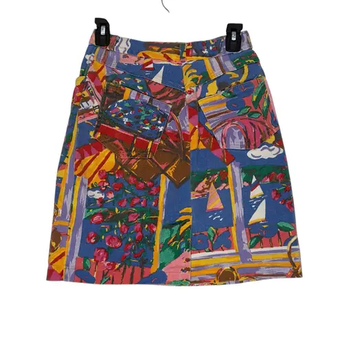 Vintage RARE 90s KEN DONE Full Print Jean Skirt Small Abstract Art Size 8