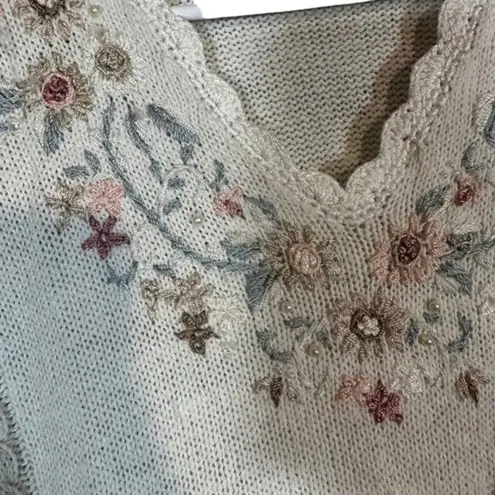 Carolyn Taylor White Cottagecore Floral Embroidered Knit Sweater Women Sz L VTG