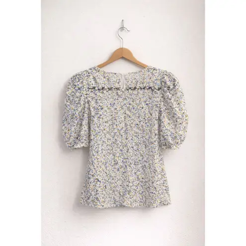 Floral Puff Sleeve Blouse Women’s Small Medium Blue Yellow Textured Top White
