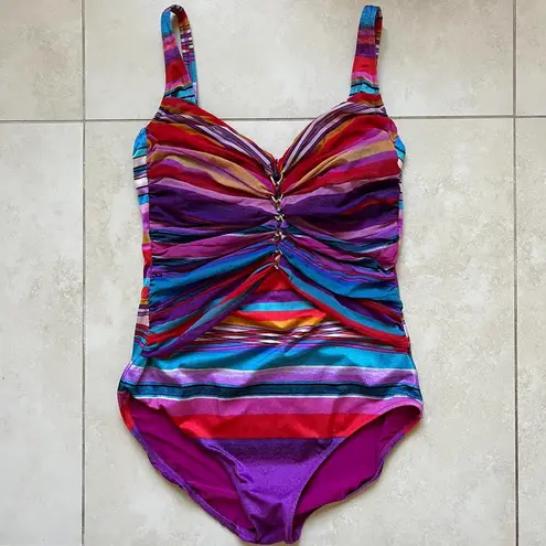 Gottex  Mai Tai Striped Gold Linked One Piece Swimsuit Size 14