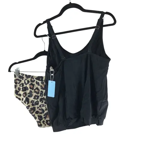 Yonique Tankini Set Gathered Hem Shelf Bra Removable Cups Brief Leopard Black L Size L