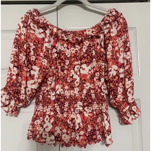 Free People  Sweet Memories Pink Multi Floral Ruffled Puff Sleeve Top Sz L (U13)